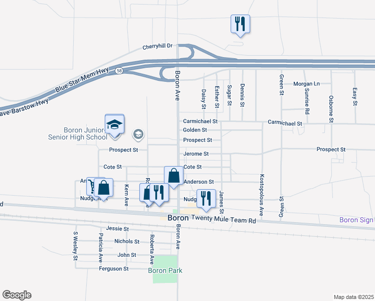 map of restaurants, bars, coffee shops, grocery stores, and more near 27035 Jerome Street in Boron