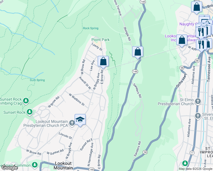 map of restaurants, bars, coffee shops, grocery stores, and more near 717 E Brow Rd in Lookout Mountain