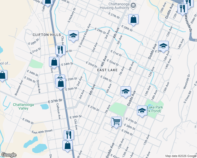 map of restaurants, bars, coffee shops, grocery stores, and more near 3406 4th Avenue in Chattanooga