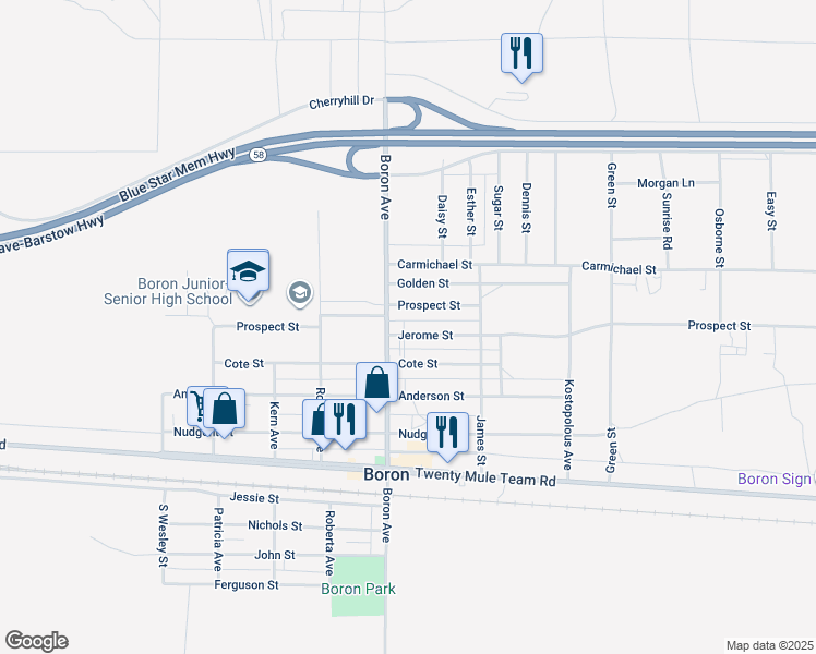 map of restaurants, bars, coffee shops, grocery stores, and more near 27035 Jerome Street in Boron