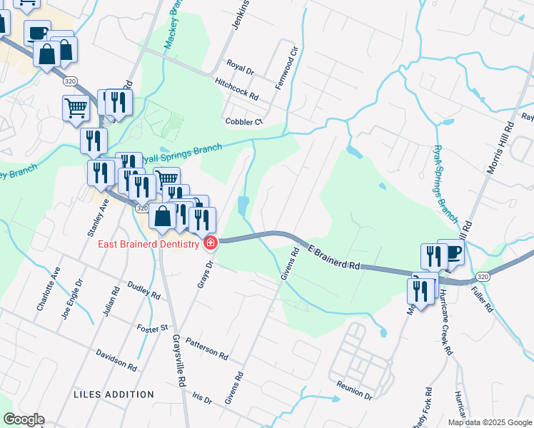 map of restaurants, bars, coffee shops, grocery stores, and more near 1107 Greens Road in Chattanooga