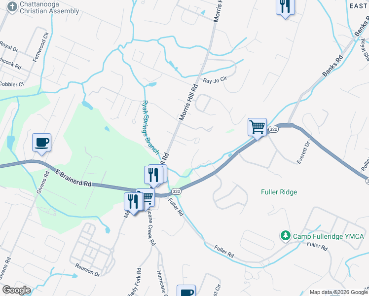 map of restaurants, bars, coffee shops, grocery stores, and more near 8720 Damron Place in Chattanooga