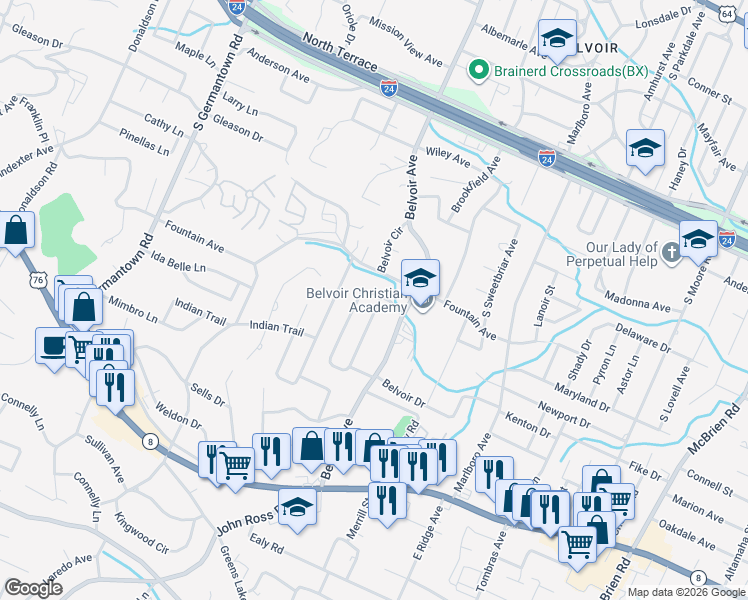 map of restaurants, bars, coffee shops, grocery stores, and more near 815 Belvoir Terrace in Chattanooga