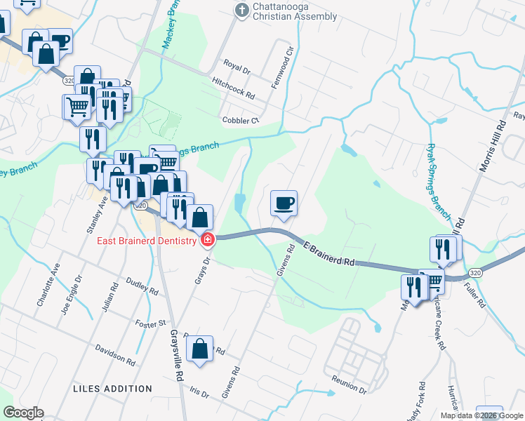 map of restaurants, bars, coffee shops, grocery stores, and more near 1107 Greens Road in Chattanooga