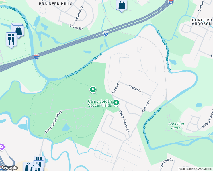map of restaurants, bars, coffee shops, grocery stores, and more near 6740 Jordan Run Road in Chattanooga