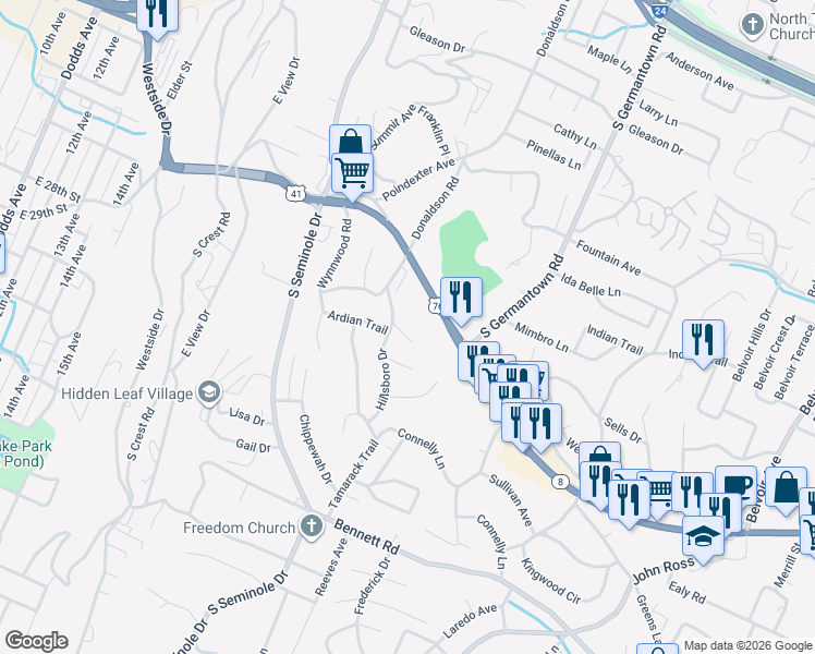 map of restaurants, bars, coffee shops, grocery stores, and more near 3506 Ringgold Road in Chattanooga
