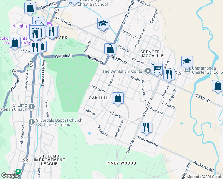 map of restaurants, bars, coffee shops, grocery stores, and more near 4210 Oakland Avenue in Chattanooga