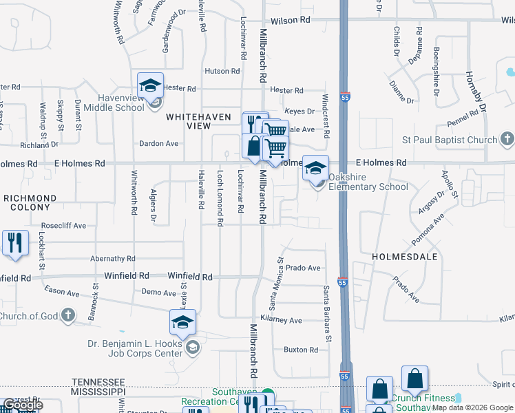 map of restaurants, bars, coffee shops, grocery stores, and more near 5290 Millbranch Road in Memphis
