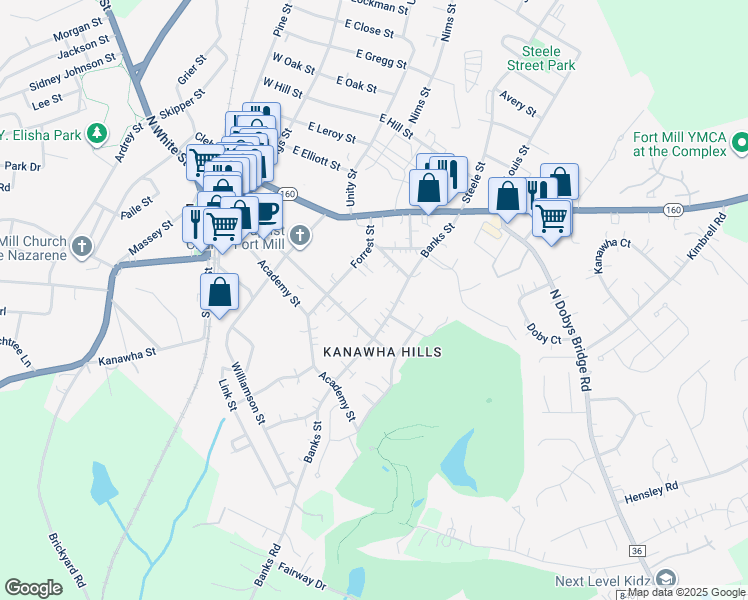 map of restaurants, bars, coffee shops, grocery stores, and more near 110 Mack Street in Fort Mill