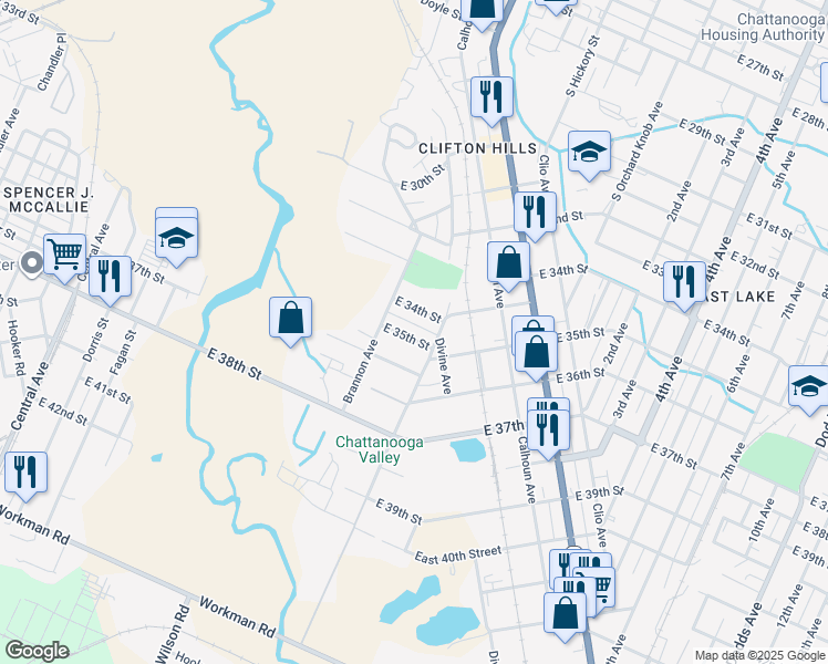 map of restaurants, bars, coffee shops, grocery stores, and more near 1241 East 35th Street in Chattanooga