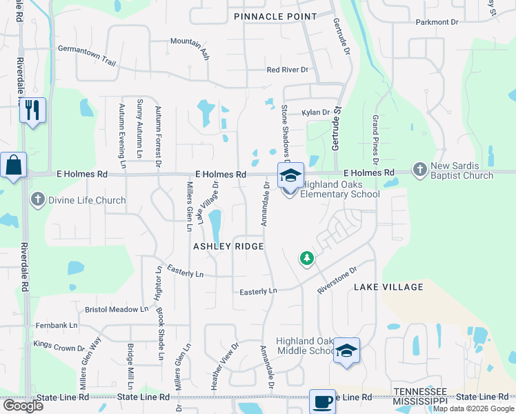 map of restaurants, bars, coffee shops, grocery stores, and more near 5294 Bradley Ridge Lane in Memphis