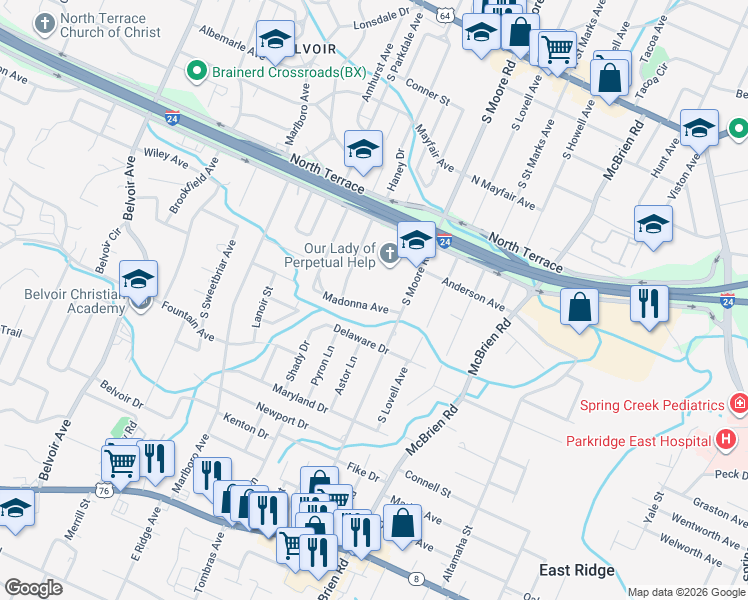 map of restaurants, bars, coffee shops, grocery stores, and more near 4807 Madonna Avenue in Chattanooga