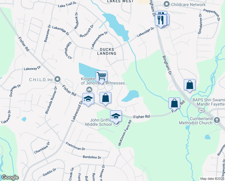 map of restaurants, bars, coffee shops, grocery stores, and more near 2805 Forest Gump Drive in Fayetteville