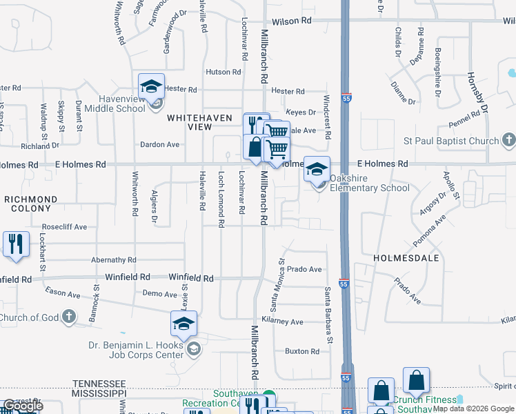 map of restaurants, bars, coffee shops, grocery stores, and more near 5290 Millbranch Road in Memphis