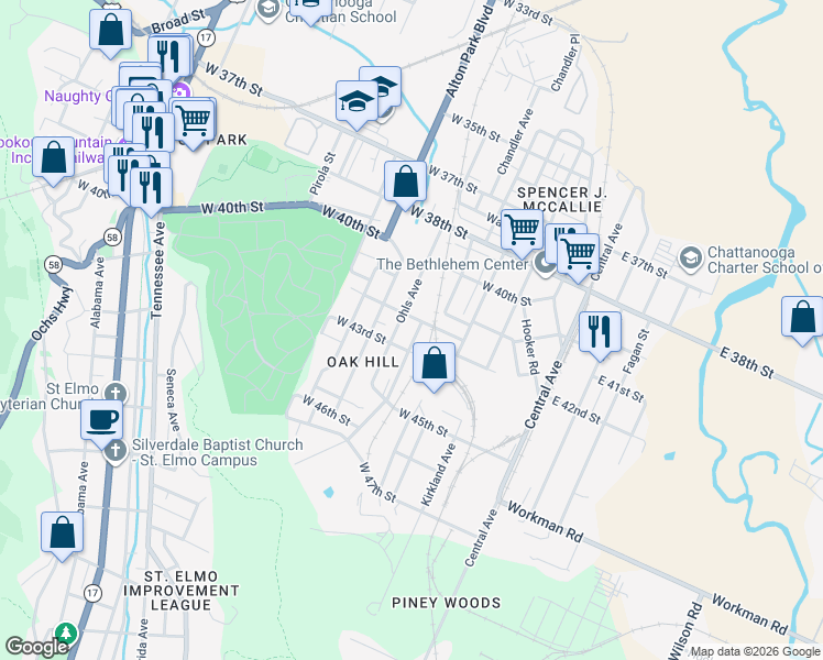 map of restaurants, bars, coffee shops, grocery stores, and more near 4210 Oakland Avenue in Chattanooga