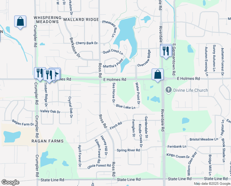 map of restaurants, bars, coffee shops, grocery stores, and more near 5278 Sea Horse Drive in Memphis
