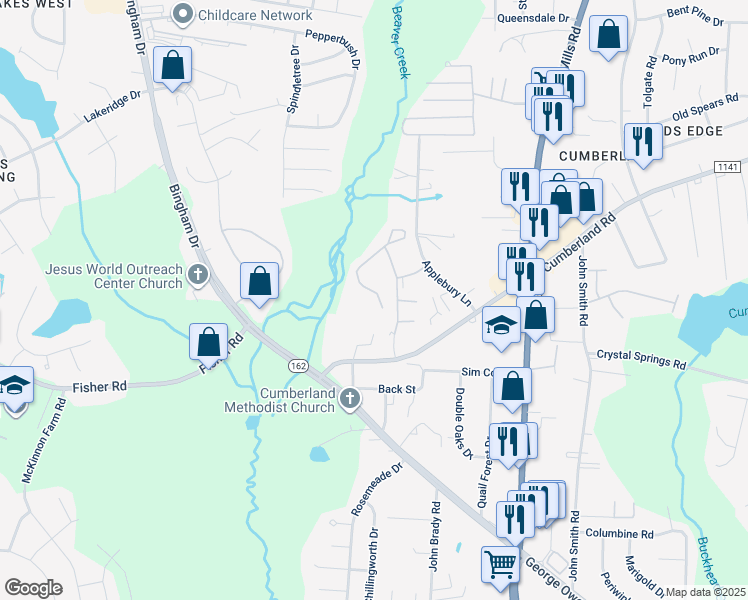 map of restaurants, bars, coffee shops, grocery stores, and more near 2360 Cumberland Gap Drive in Fayetteville