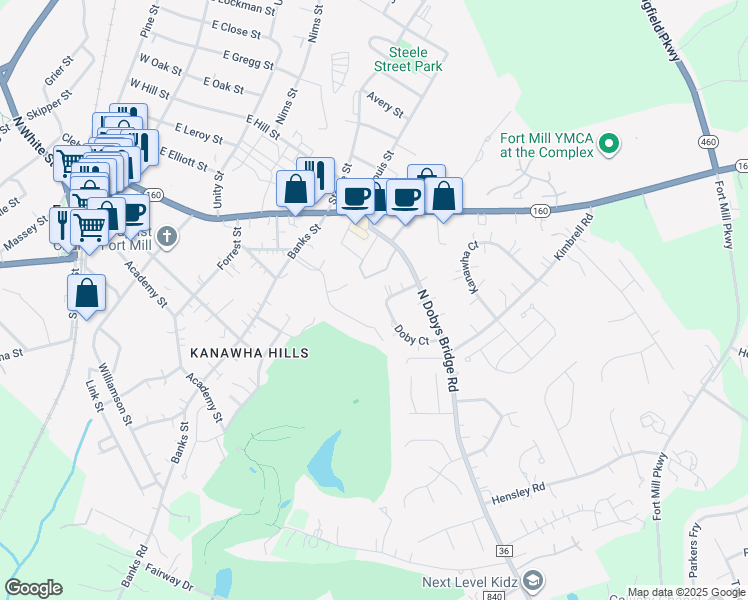 map of restaurants, bars, coffee shops, grocery stores, and more near 1131 Doby Court in Fort Mill