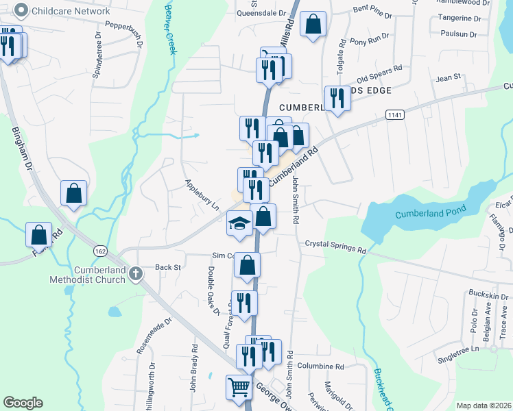 map of restaurants, bars, coffee shops, grocery stores, and more near 2544 Hope Mills Road in Fayetteville