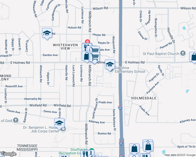 map of restaurants, bars, coffee shops, grocery stores, and more near 5234 Santa Monica Street in Memphis