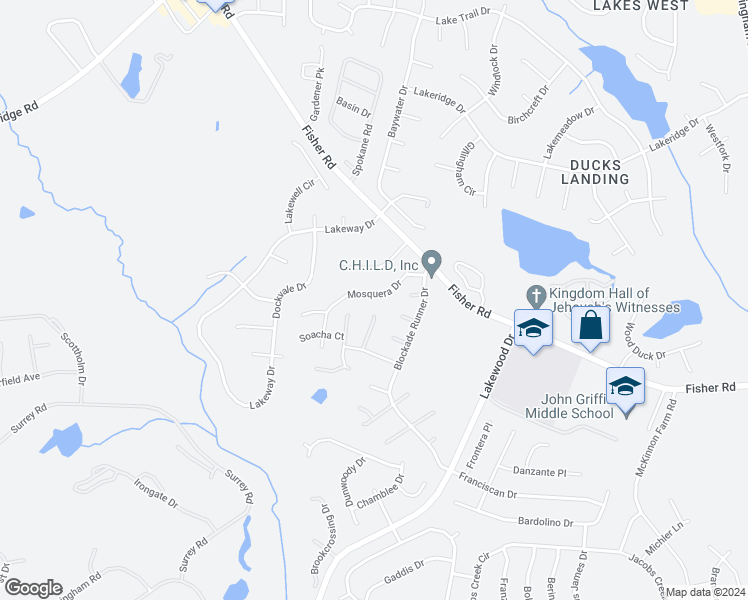 map of restaurants, bars, coffee shops, grocery stores, and more near 2733 Mosquera Drive in Fayetteville