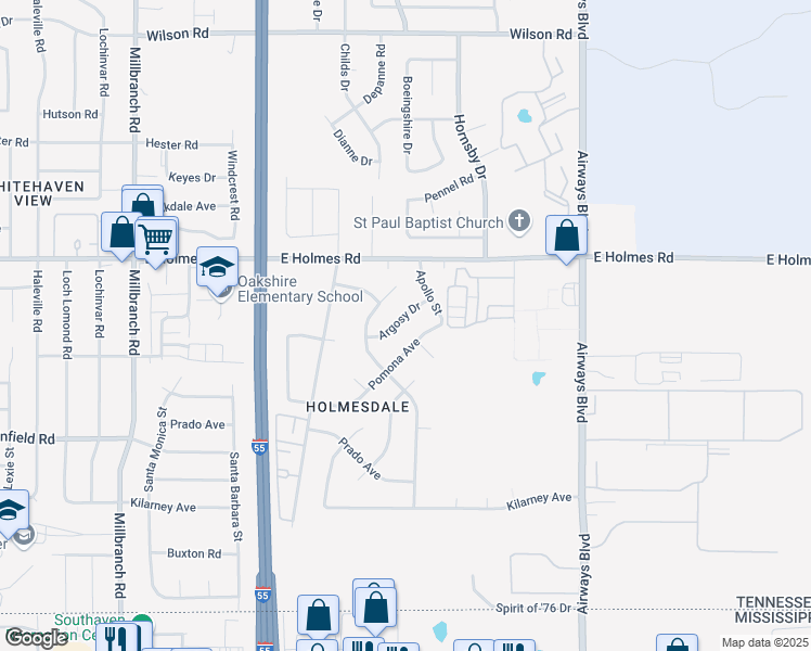 map of restaurants, bars, coffee shops, grocery stores, and more near 1999 Argosy Drive in Memphis