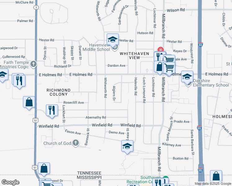 map of restaurants, bars, coffee shops, grocery stores, and more near 5297 Villa Del Rey Drive in Memphis