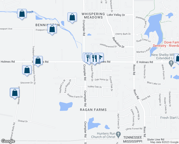 map of restaurants, bars, coffee shops, grocery stores, and more near 6465 Elmwood Cove in Memphis