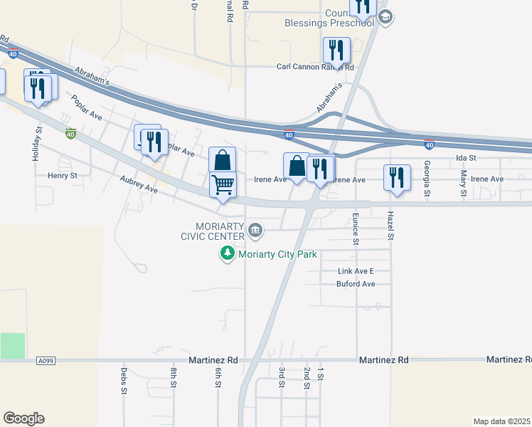 map of restaurants, bars, coffee shops, grocery stores, and more near 409 Roosevelt Avenue in Moriarty