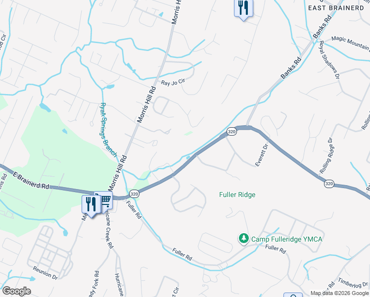 map of restaurants, bars, coffee shops, grocery stores, and more near 8931 East Brainerd Road in Chattanooga