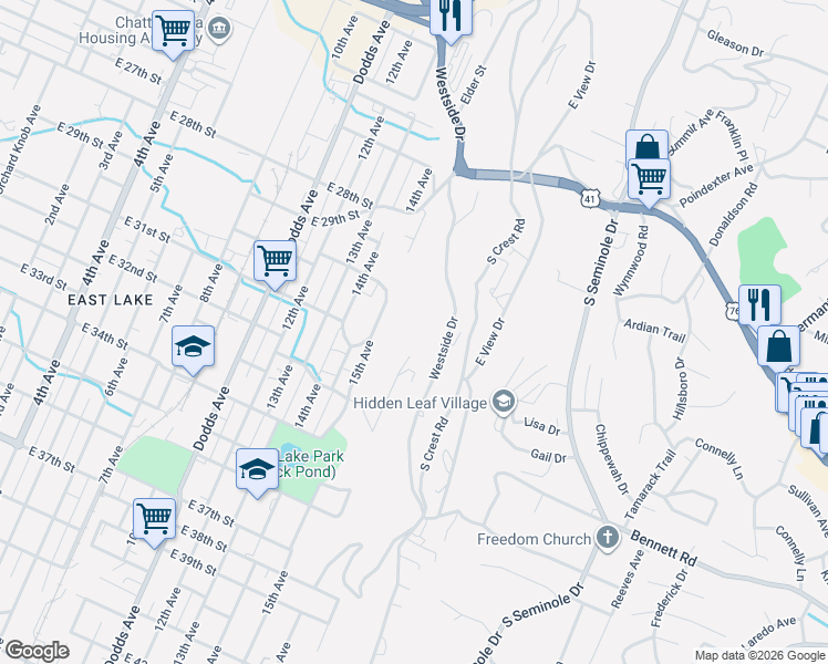map of restaurants, bars, coffee shops, grocery stores, and more near 3011 Westside Drive in Chattanooga