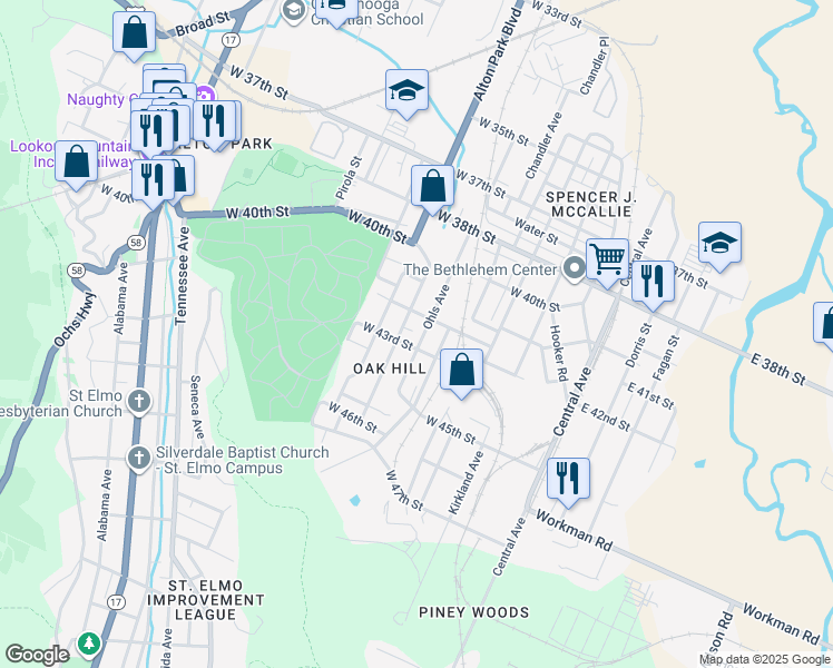 map of restaurants, bars, coffee shops, grocery stores, and more near 4221 Ohls Avenue in Chattanooga