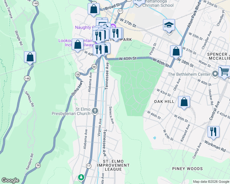 map of restaurants, bars, coffee shops, grocery stores, and more near 4212 Westridge Avenue in Chattanooga