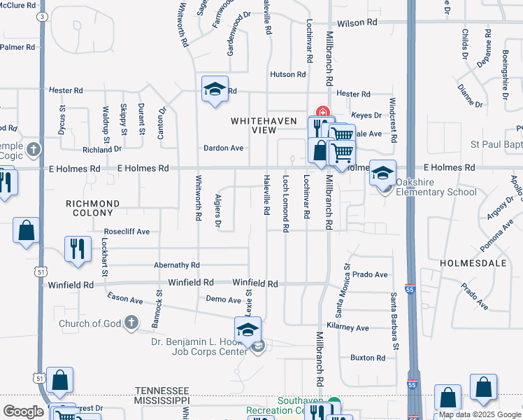 map of restaurants, bars, coffee shops, grocery stores, and more near 5293 Haleville Road in Memphis