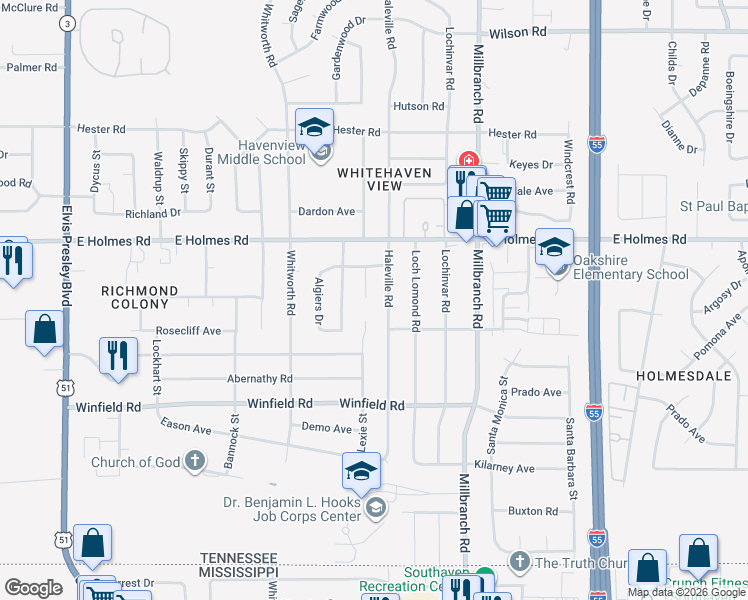 map of restaurants, bars, coffee shops, grocery stores, and more near 5293 Haleville Road in Memphis