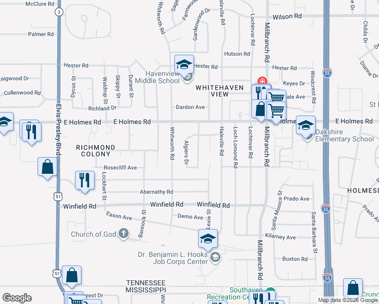 map of restaurants, bars, coffee shops, grocery stores, and more near 5297 Villa Del Rey Drive in Memphis