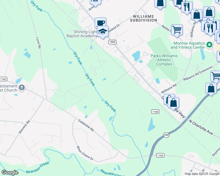 map of restaurants, bars, coffee shops, grocery stores, and more near H Smith Street in Monroe