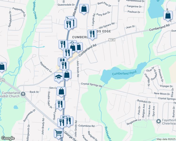 map of restaurants, bars, coffee shops, grocery stores, and more near 5557 Robmont Drive in Fayetteville