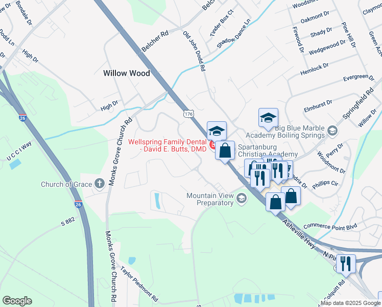 map of restaurants, bars, coffee shops, grocery stores, and more near 8 Willow Run Terrace in Spartanburg