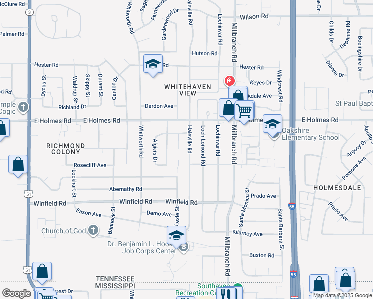 map of restaurants, bars, coffee shops, grocery stores, and more near 5293 Haleville Road in Memphis