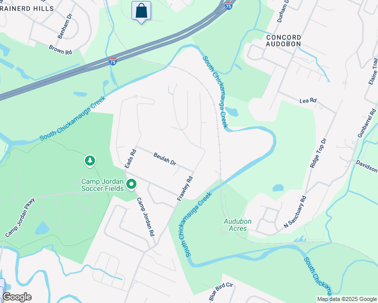map of restaurants, bars, coffee shops, grocery stores, and more near 101 Frawley Road in Chattanooga
