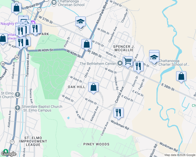 map of restaurants, bars, coffee shops, grocery stores, and more near 4107 Highland Avenue in Chattanooga