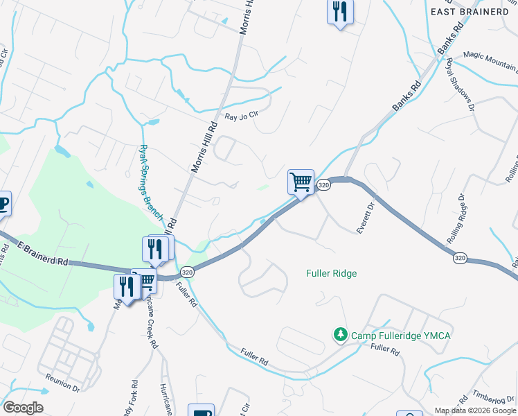 map of restaurants, bars, coffee shops, grocery stores, and more near 8931 East Brainerd Road in Chattanooga