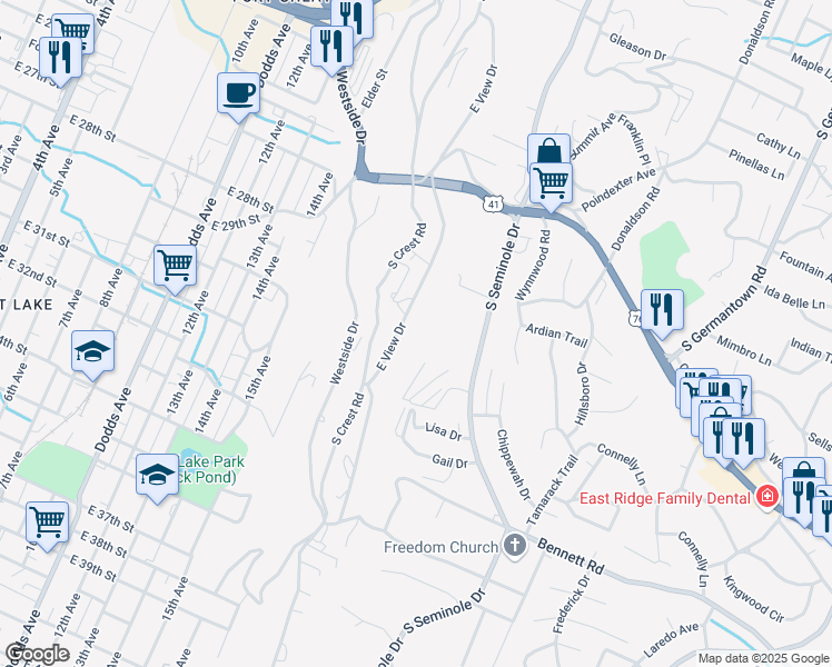 map of restaurants, bars, coffee shops, grocery stores, and more near 1049 South Seminole Drive in Chattanooga