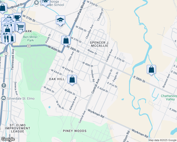 map of restaurants, bars, coffee shops, grocery stores, and more near 4020 Kirkland Avenue in Chattanooga