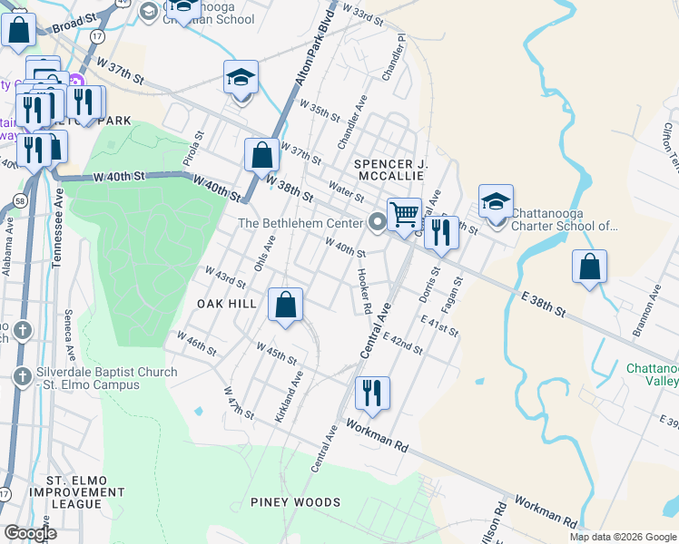 map of restaurants, bars, coffee shops, grocery stores, and more near 4100 Kirkland Avenue in Chattanooga