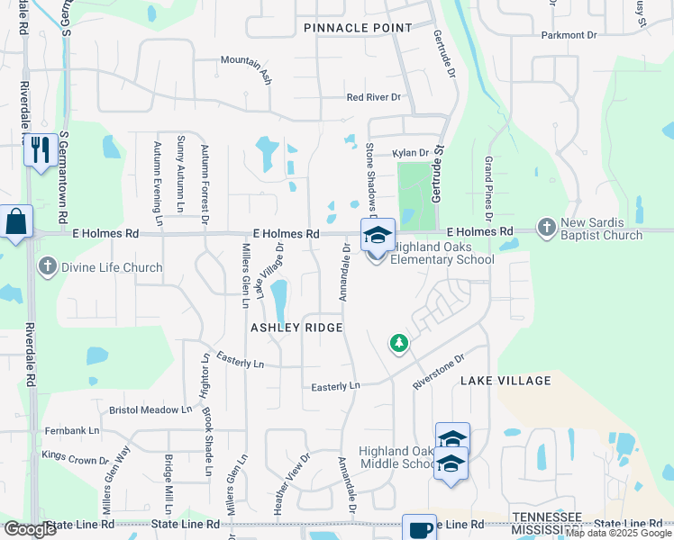 map of restaurants, bars, coffee shops, grocery stores, and more near 5265 Annandale Drive in Memphis