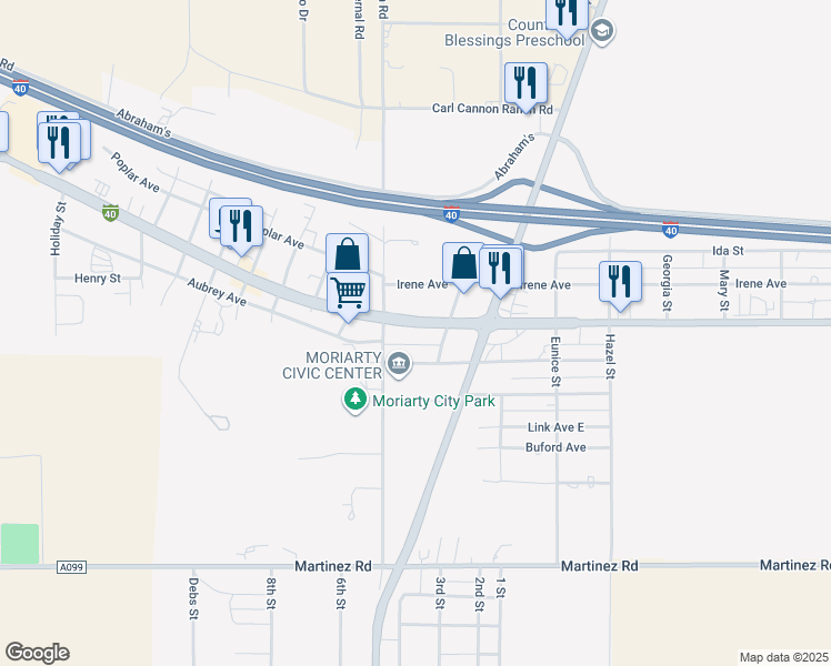map of restaurants, bars, coffee shops, grocery stores, and more near 409 Roosevelt Avenue in Moriarty