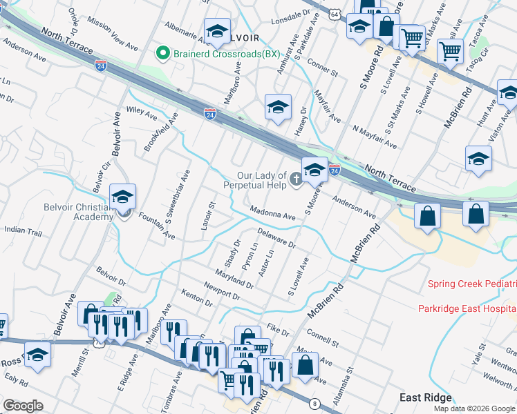 map of restaurants, bars, coffee shops, grocery stores, and more near 4802 Madonna Avenue in Chattanooga