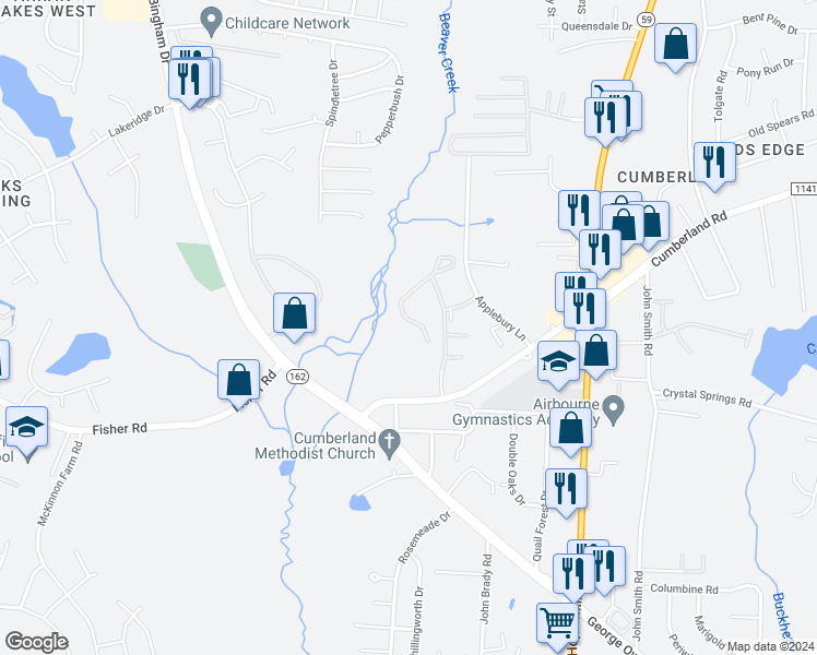 map of restaurants, bars, coffee shops, grocery stores, and more near 2354 Cumberland Gap Drive in Fayetteville